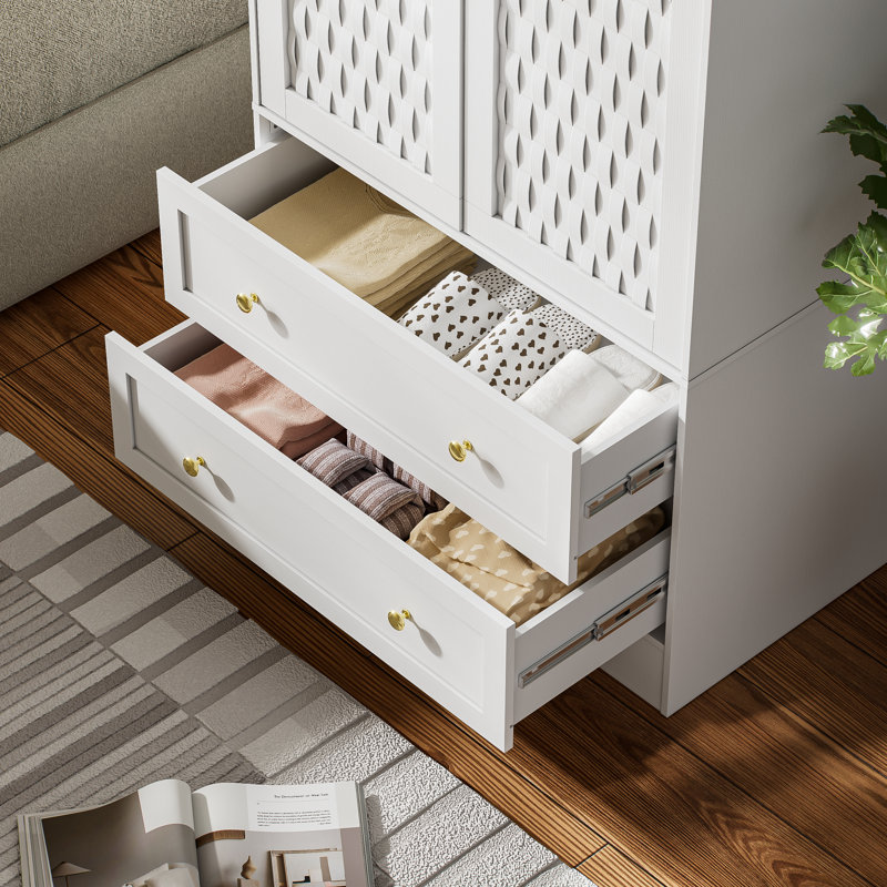Everly Quinn Freestanding Armoire Wardrobe Closet with 2 Woven Doors ...