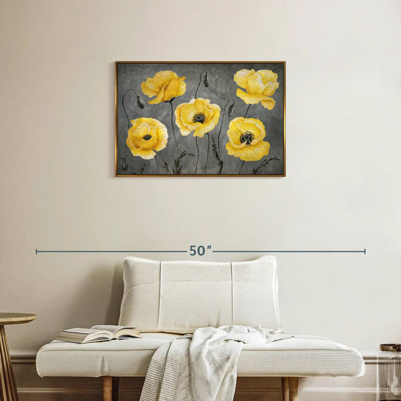 Coquelicots jaunes, Cadre flottant doré, 31 po x 21 po