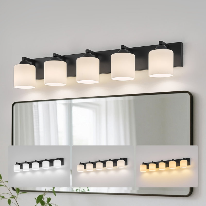 Luminaire de meuble-lavabo de salle de bain avec abat-jour en verre opale, Noir mat, 5