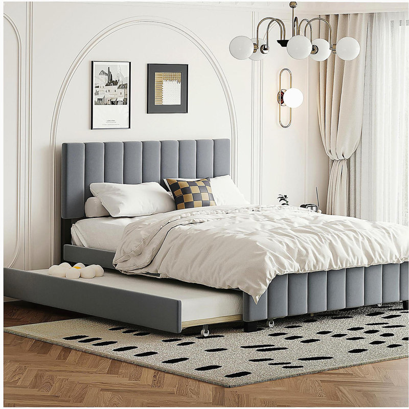 Lit plateforme double en velours avec 2 tiroirs et 1 lit double TG - gris