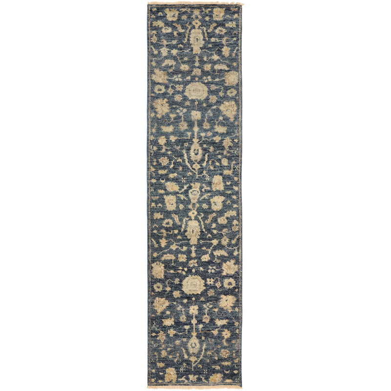 Maalak Wool Flroal Area Rug in Navy, Runner 2'6" x 10'