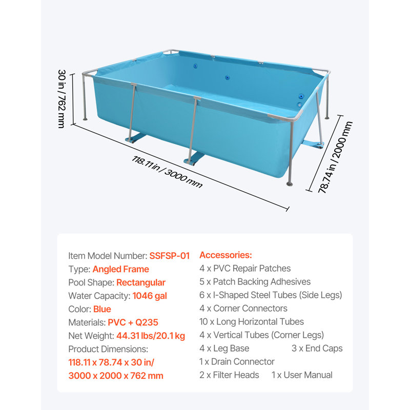 Piscine hors terre à structure métallique rectangulaire en acier, dimensions : 118 x 78 x 30 pouces (environ 300 x 200 x 76 cm), capacité : 1046 gallons (environ 4000 litres), idéale pour une famille dans votre jardin. Facile à assembler, résistante à la rouille et de couleur bleue.