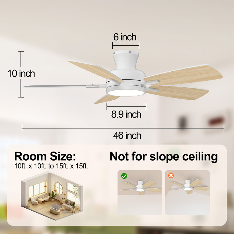 46 Inch Ceiling Fan With Light and Remote Control (Set of 2), White with Oak/White Blades