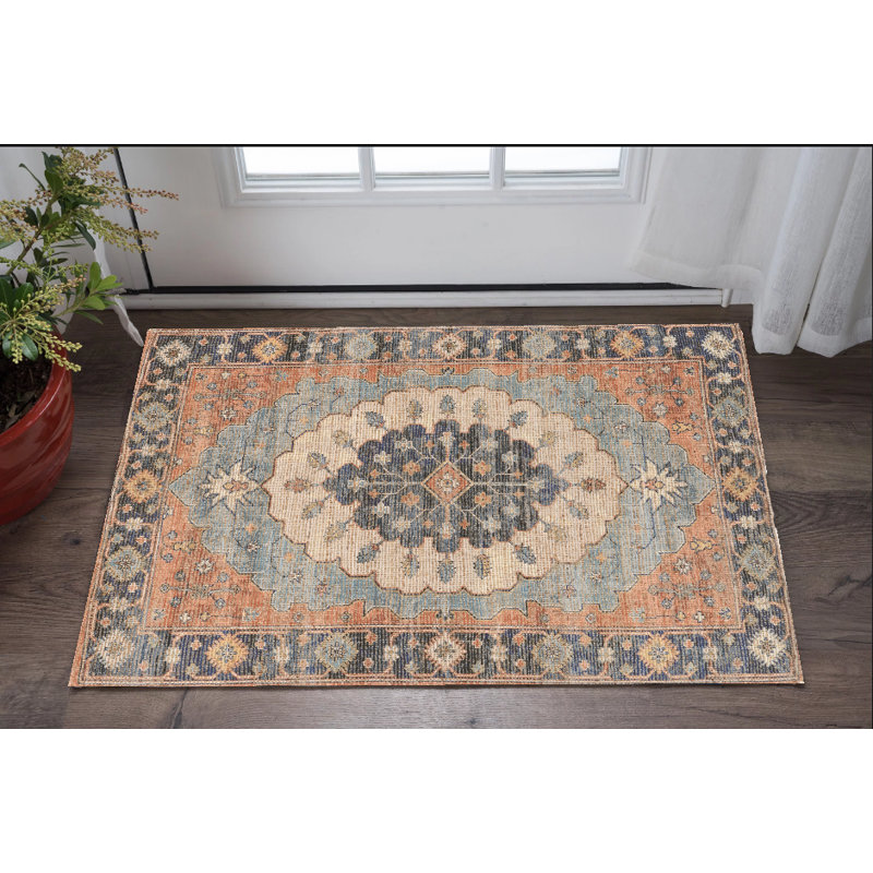 Tapis bleu tissé à la main Medallion, Rectangle 3 pi x 5 pi