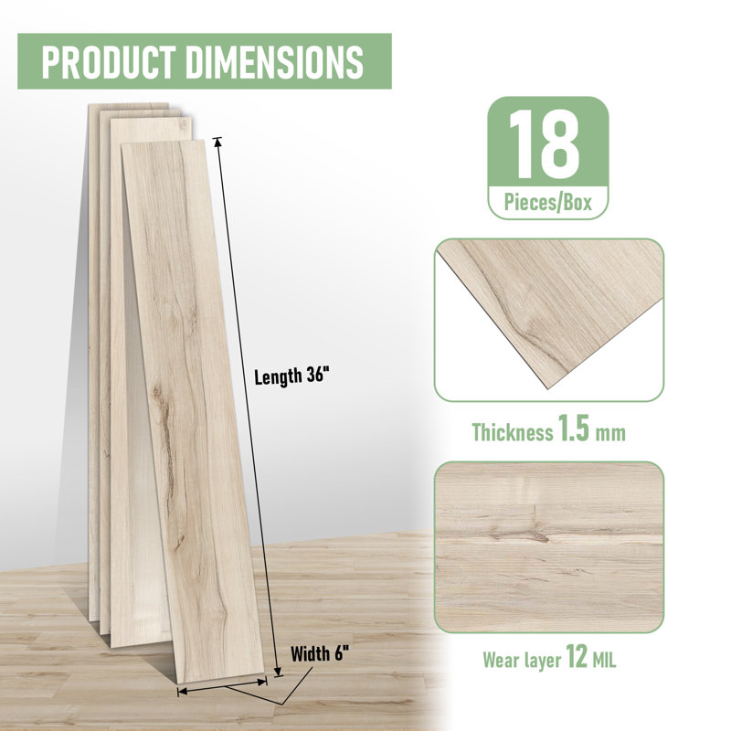 12mil 6 po X 36 po Plancher de vinyle auto-adhésif pelez et collez (27 pieds carrés), Bois clair