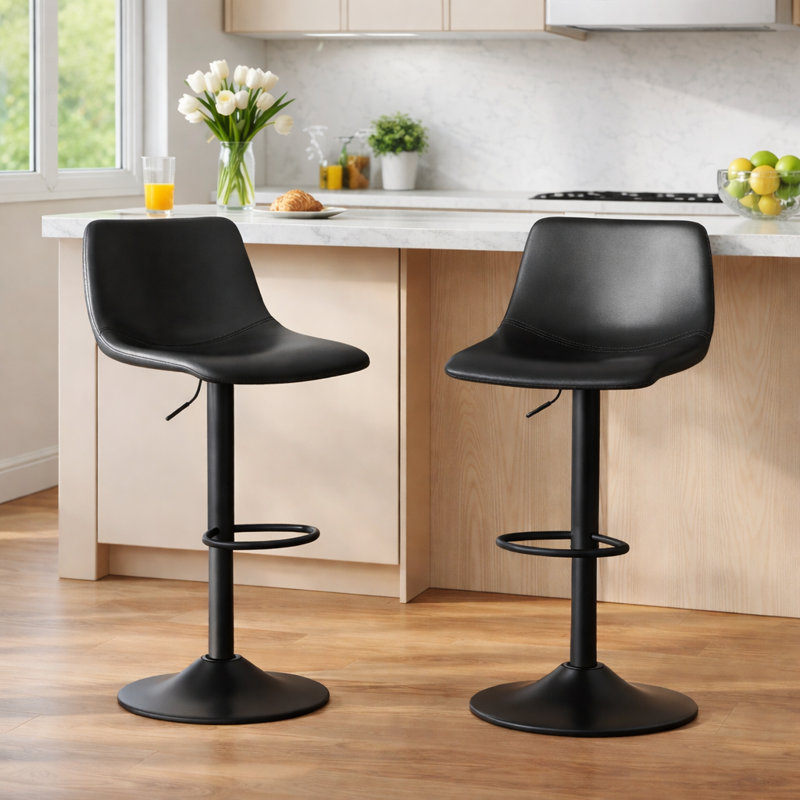Bar Stools Set of 2, Adjustable Swivel Counter Height Chairs with PU Leather Seat and Footrest, Black Seat / Black Frame, 2