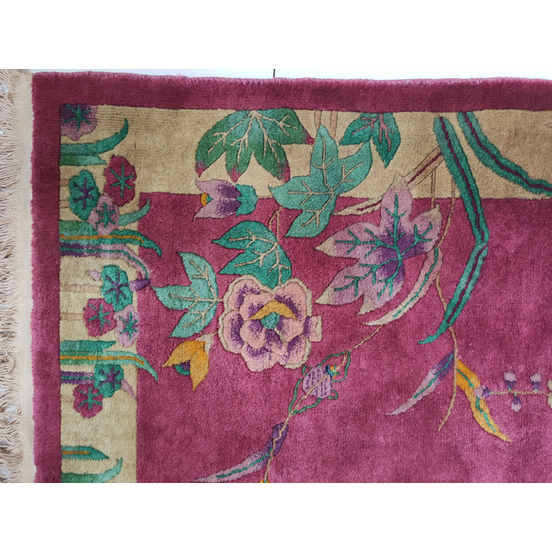 1920s Chinese Coral Rectangle Small Scatter Size Wool Antique - Art Deco Knotted Rug