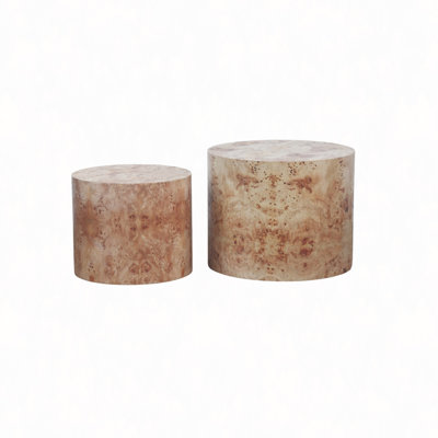 Nesting Coffee Table Set Of 2, Modern Round Coffee Table, Wooden Circle Accent Tables For Small Spaces Living Room Bedroom Balcony Office Drum Side Table, Natural Burl