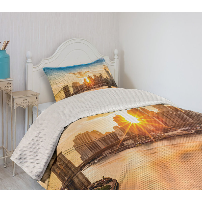 King Size White Microfiber Quilted Bedspread Set with Cityscape Design