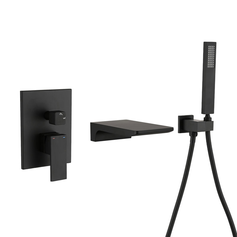 Robinet de baignoire mural mat noir, douche de salle de bain avec douche à main, - robinet de baignoire à soupape équilibrée et finition rouille en noir moderne, avec robinet cascade à poignée simple