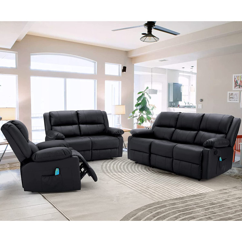 Ensemble de salon inclinable en similicuir Stewumin, Similicuir noir
