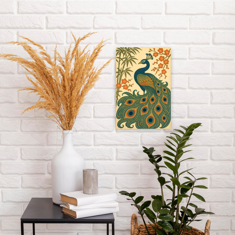 «Elegant Peacock Plum Blossoms Elegant Vibrant Contemporary Bamboo Bird Cherry Flower Nature», art mural, H 18 po x l 12 po