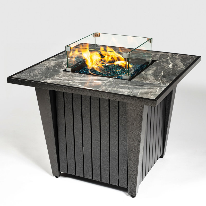 32-Inch Propane Gas Fire Pit Table with Glass Wind Guard, 50000 BTU Square Steel Design for Patio and Garden - Gray