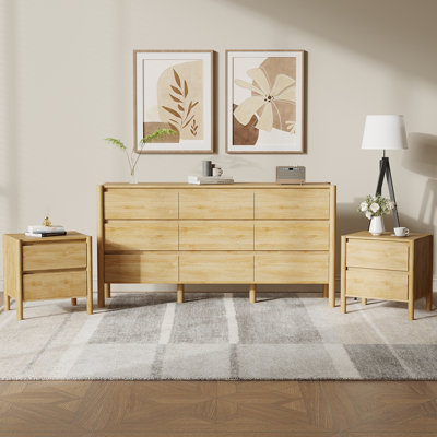 Ensemble de chambre à coucher 3 pièces Hingham, commode 9 tiroirs et 2 tables de chevet, beige