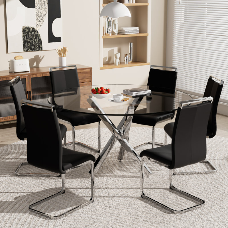 Ensemble de table de salle à manger, table ronde en verre trempé et 4 chaises rembourrées., Noir, noir, noir, noir, 7