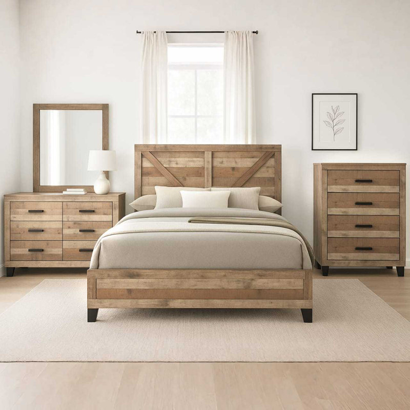 Ensemble de chambre à coucher 4 pièces Biloxi - Lit très grand avec commode, miroir et commode, Très grand lit