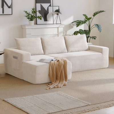 Canapé modulaire 96,9 po avec méridienne en forme de L, canapé modulaire moderne avec assise profonde, canapé rembourré pour chambre à coucher de salon, sans assemblage requis, (tissu velours côtelé), blanc