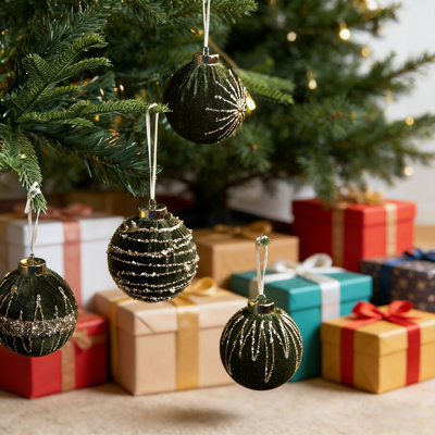 12 boules de Noël en velours, 3,15 po de boules d'arbre floquées scintillantes, décoration de Noël incassable pour la maison, le Nouvel An, les fêtes, l'intérieur et l'extérieur