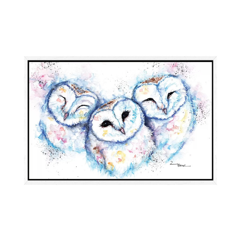 Sleepy Time Owls - Painting on Canvas, 45.72cm H x 66.04cm W x 3.81cm D, White Framed