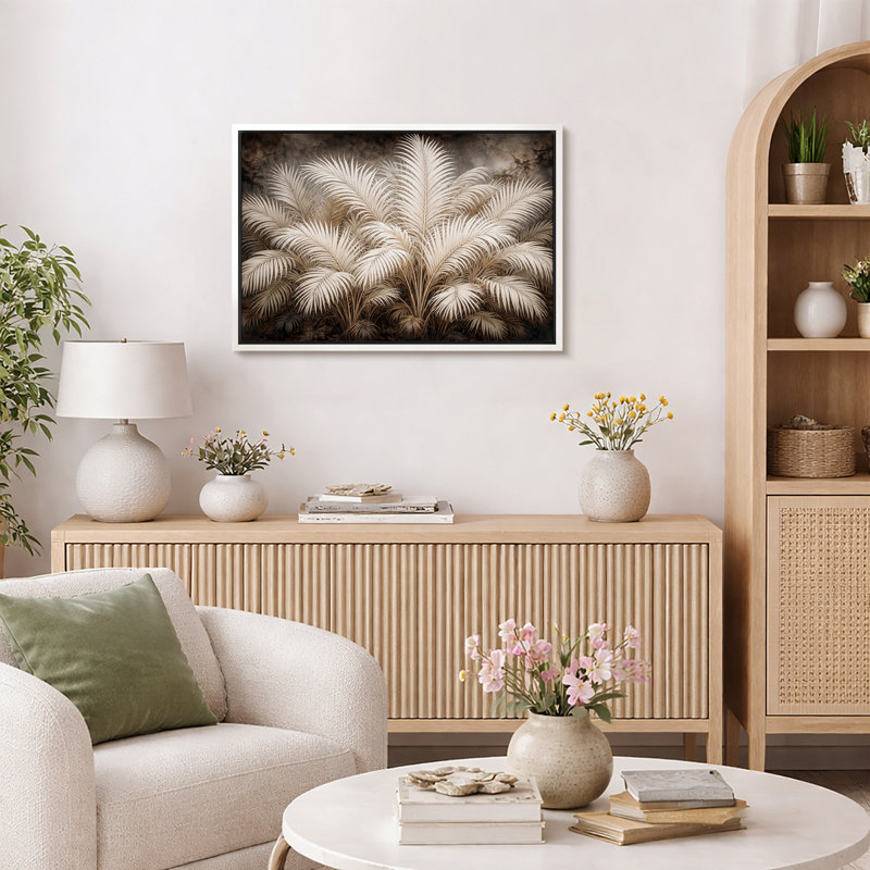 Art rétro avec feuilles de palmier, photos de salon botanique tropical, impression sur toile encadrée, Cadre blanc