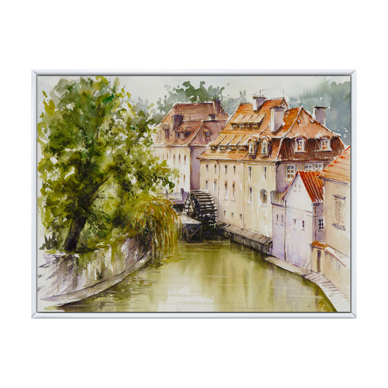 «Old Prague Watermill Over Chertovka River», reproduction d'art sur toile, H 8 po x l 12 po x P 1 po, Cadre flottant blanc