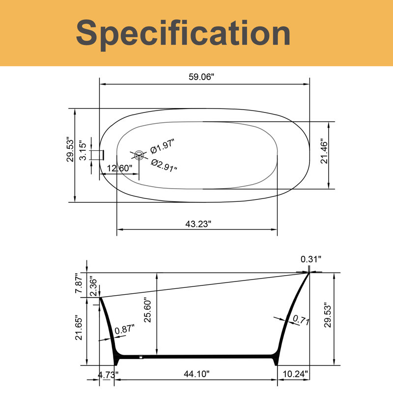 59“ X 29” Solid Surface Freestanding Flatbottom Soaking Bathtub With Overflow In Matte White