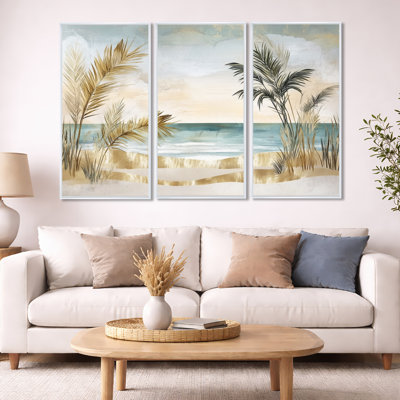 Palmier sur toile, plage tropicale - ensemble d'art mural encadré 3 pièces Jamil