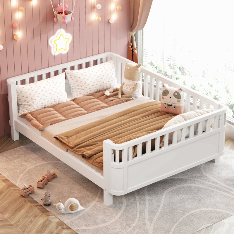 Lit plateforme en bois pour enfants, lit simple en bois à profil bas avec rails pour filles et garçons, Lit double, Blanc