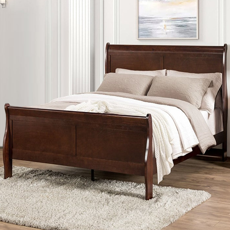 Wooden Bed With Sleigh Headboard In Dark Cherry, Full