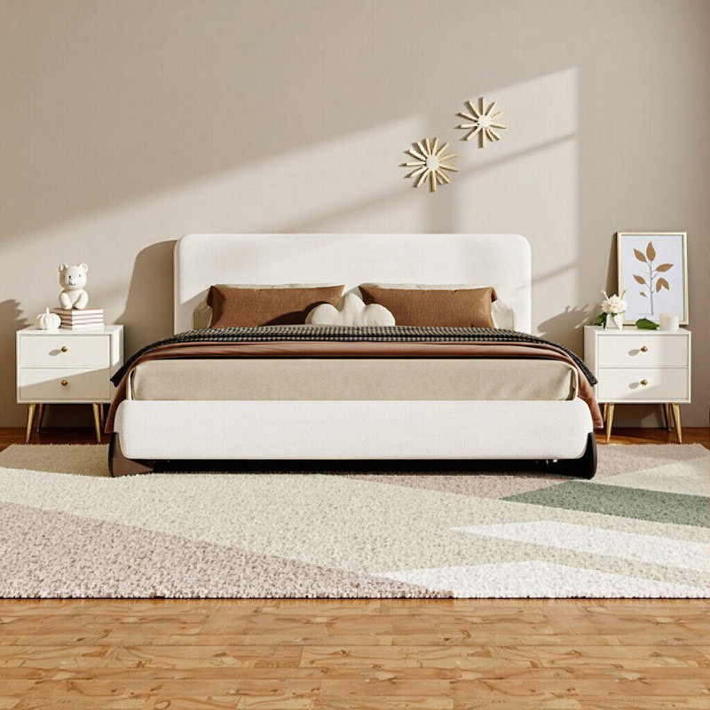 Élégant lit tapissier très grand en tissu éponge - blanc avec pieds en bois massif brun foncé, aucun sommier nécessaire