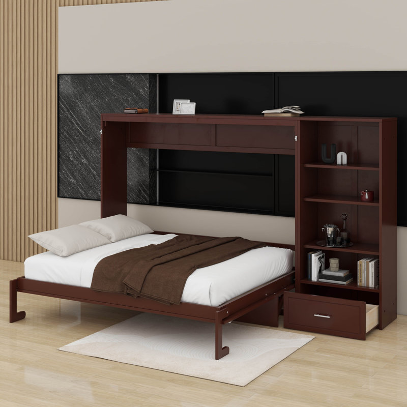 Grand lit escamotable avec compartiments de rangement et tablettes réglables en hauteur, lit escamotable avec tiroir, Noyer