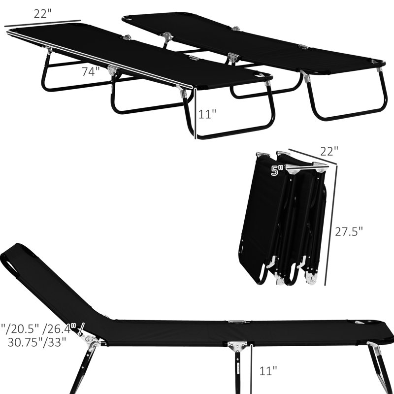 2 chaises de jardin pliantes pliantes pour le bain de soleil, inclinable réglable à 5 niveaux, plage en acier, patio, chaises de piscine noires, dossier à 5 positions, chaise longue, cour,