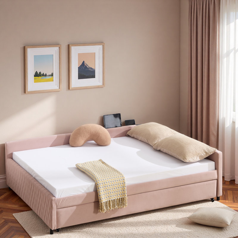 Upholstered Daybed With Trundle And Usb, Pink