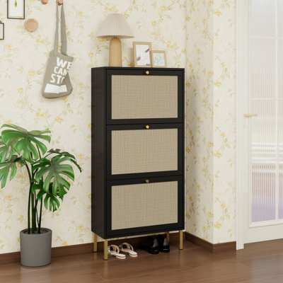 Étagère à chaussures en rotin 3 portes, armoire de rangement pour chaussures moderne autoportante