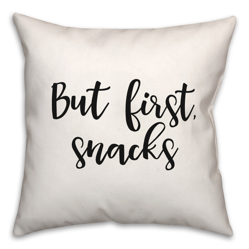Black And White Typography Collection But First Snacks Throw Pillow