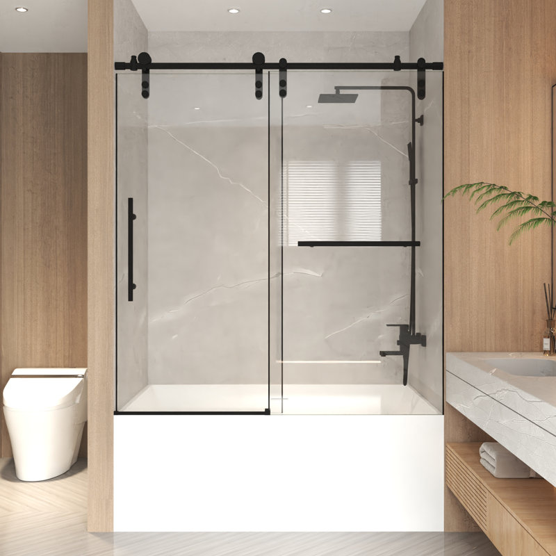 Oren Frameless Sliding Shower Door With Tempered Glass And Stainless Steel Hardware