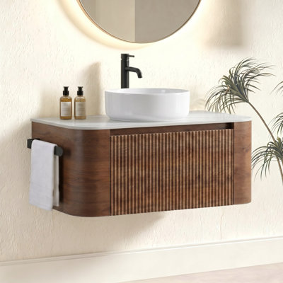 Pre-assembled Bathroom Vanity with Oval Striped Ceramic Basins, Side Towel Rack