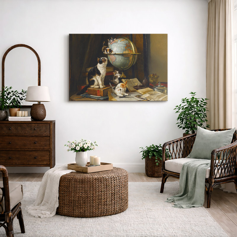 Art rétro de chats avec globe et livres, photos de salle d'étude, impression sur toile encadrée, impression numérique.