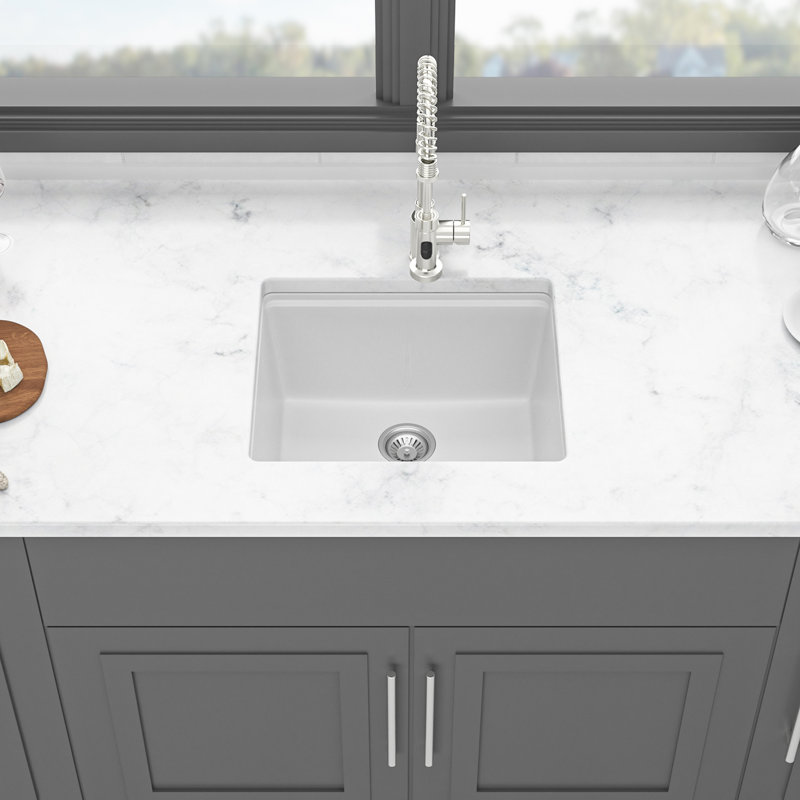 White 21X18" Granite Composite Quartz Workstation Sink For Kitchen, Undermount Style, Smooth And , Dirt - , Quiet Use, Package With Rack, Strainers, Grid, Board Installation Guide Kitchen Sink, High