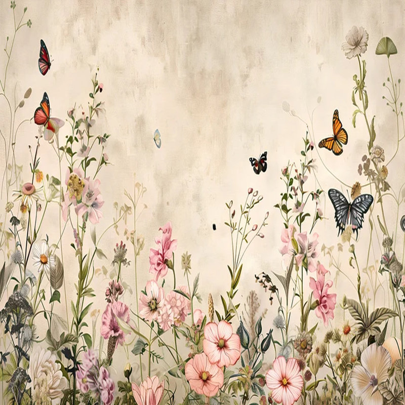 Botanical Garden Harmony - Floral rétro avec papillons, L 108 po x l 160 po