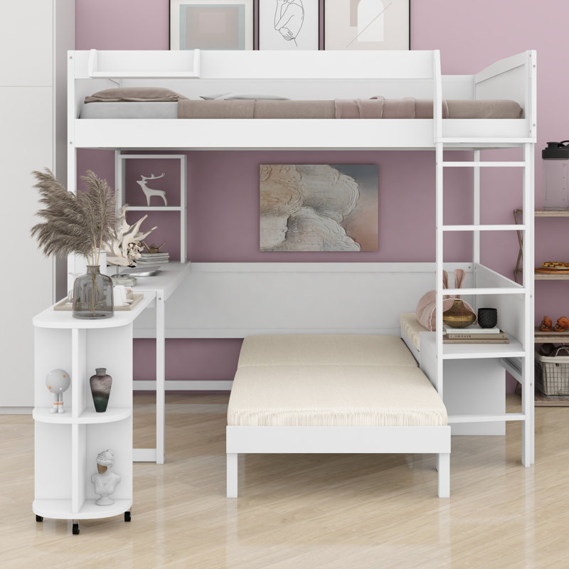 Multi-Functional Loft Bed Featuring Study Desk, Bedside Shelf and Sofa, White