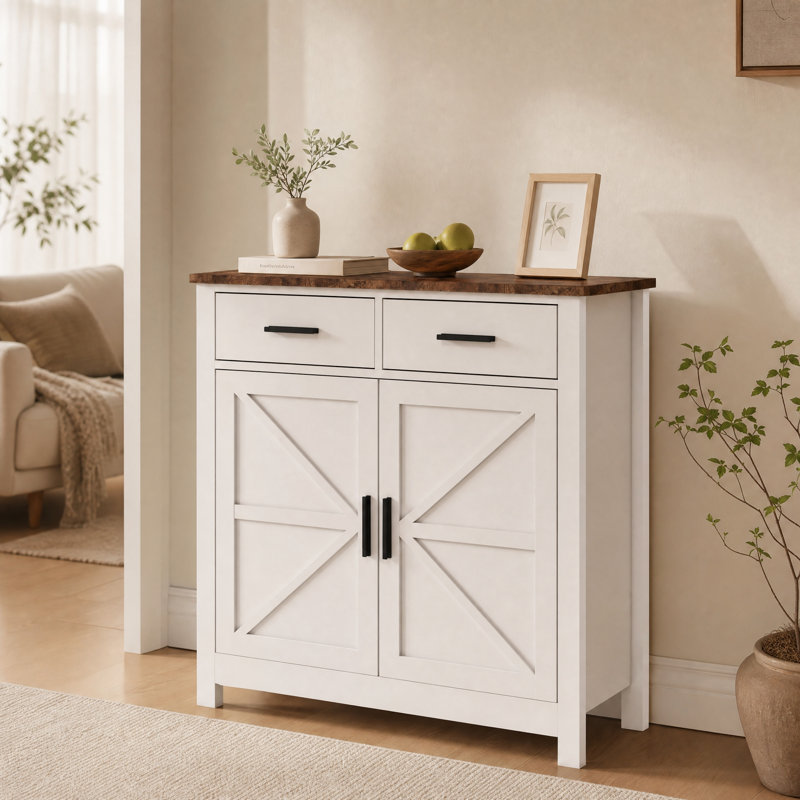 Buffet Modern Farmhouse avec 2 tiroirs et 2 portes, rangement pour cuisine, blanc, Blanc