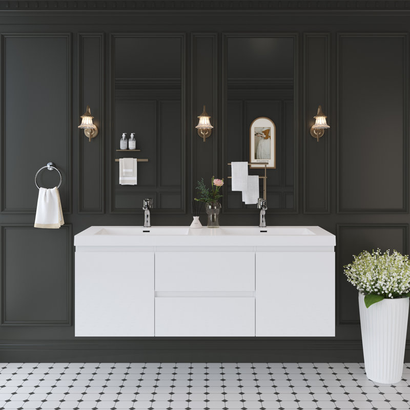Ensemble de meuble-lavabo mural 60 po, Blanc lustré, Blanc lustré