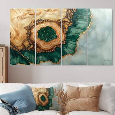 Abstrait émeraude et glissade sur bois rivière V - art mural cristaux - décoration murale traditionnelle 4 pièces