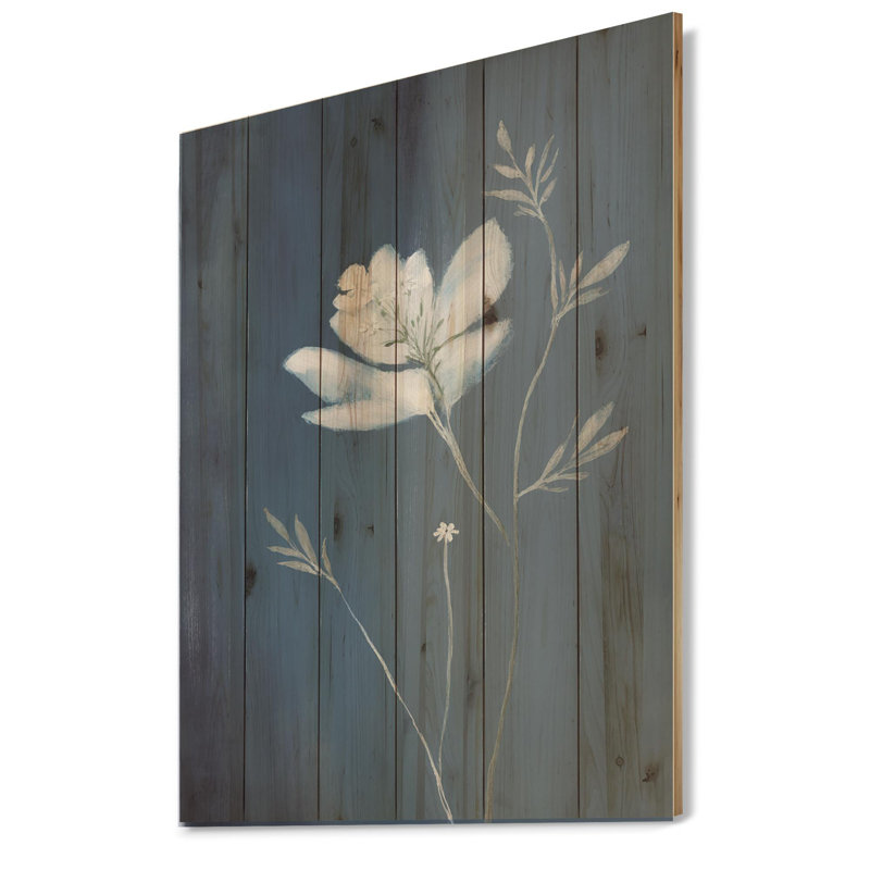 Simple fleur sauvage blanche sur fond bleu rétro VI - Art mural en bois floral - bois de pin naturel, L 12 po x H 20 po
