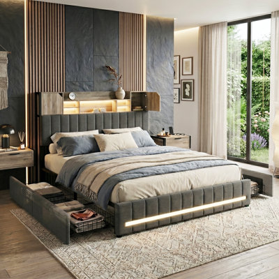 EU Double & King Upholstered Bed with Dual LED & Storage Headboard, 4 Pull-Out Drawers, Grey Linen, 140/160x200cm