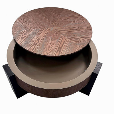 33'' Round Coffee Table with Hidden Storage, Modern Wabi-Sabi Wood Parquet Veneer Top Table, 3 Block Legs Sturdy Center Accent Table for Living Room,  Small Space, Walnut & Black