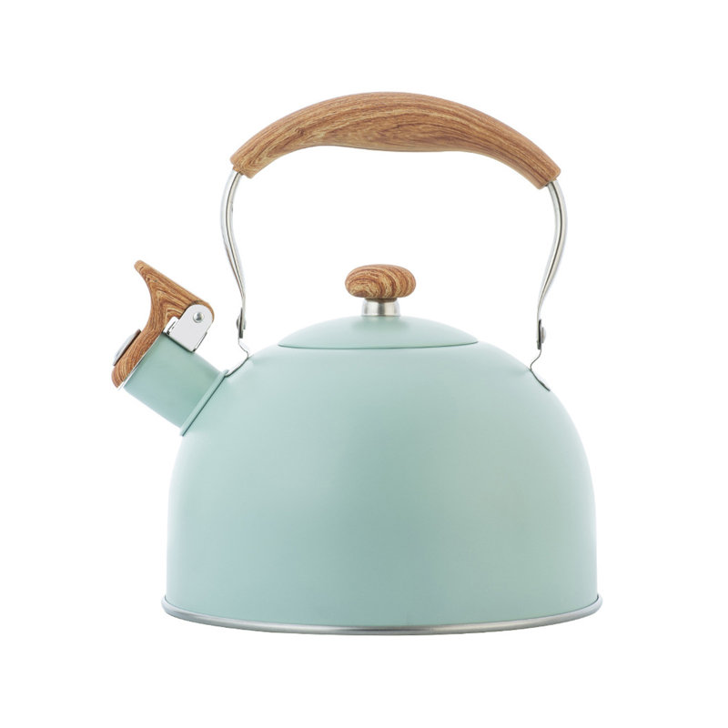 Théière Whistle 2,5 litres, bouilloire en acier inoxydable avec poignée pliante en bois pour le thé, Cyan