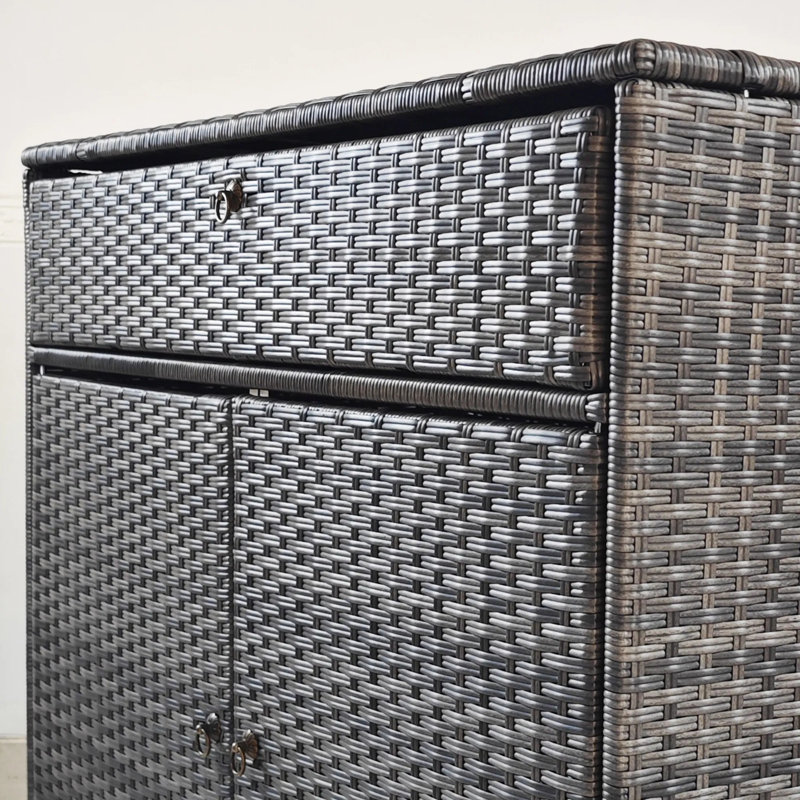 Pool Area Organizer Cabinet, Waterproof Pe Wicker Storage With Drawer & Double Doors, Gray Outdoor Swimming Gear Cabinet For Towels & Accessories