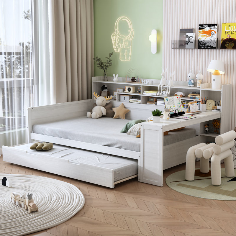 Lit de jour double en bois avec tablettes de rangement, lit gigogne simple et bureau, Blanc antique